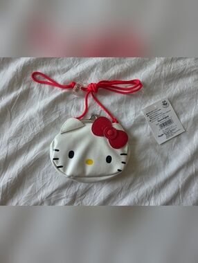Hello Kitty White Coin Pouch with Red Bow and Red Cord Strap